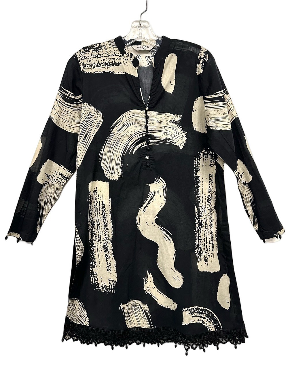 Maria B Cotton Beach Coverup Dress Black Cream Abstract Print Medium